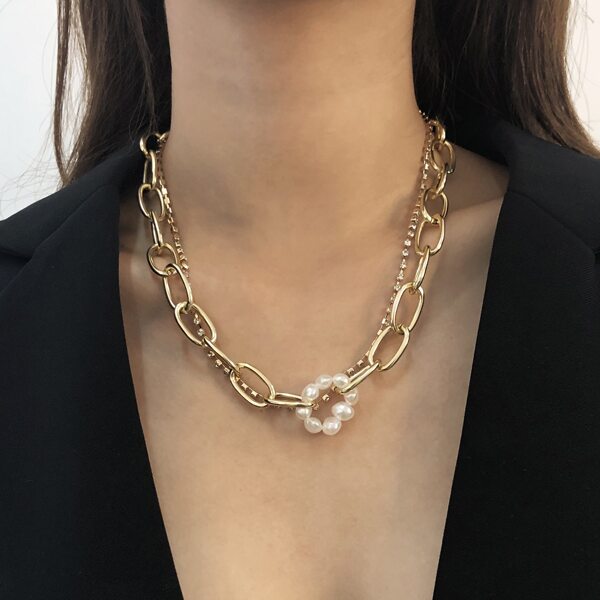 

Rhinestone & Faux Pearl Decor Layered Necklace, Gold