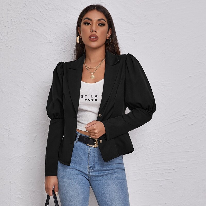 

Lapel Neck Gigot Sleeve Blazer, Black