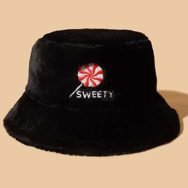

Letter Embroidered Bucket Hat, Black