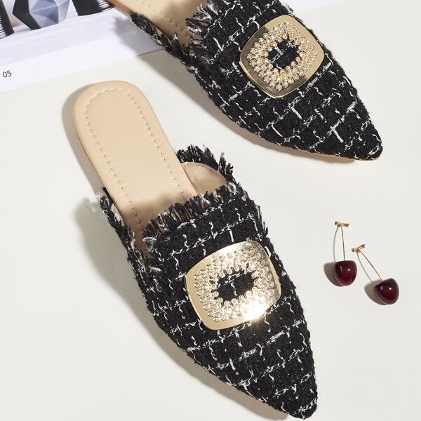 

Metal Decor Plaid Loafer Mules, Black