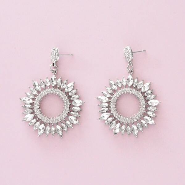 

Rhinestone Round Drop Earrings, Silver