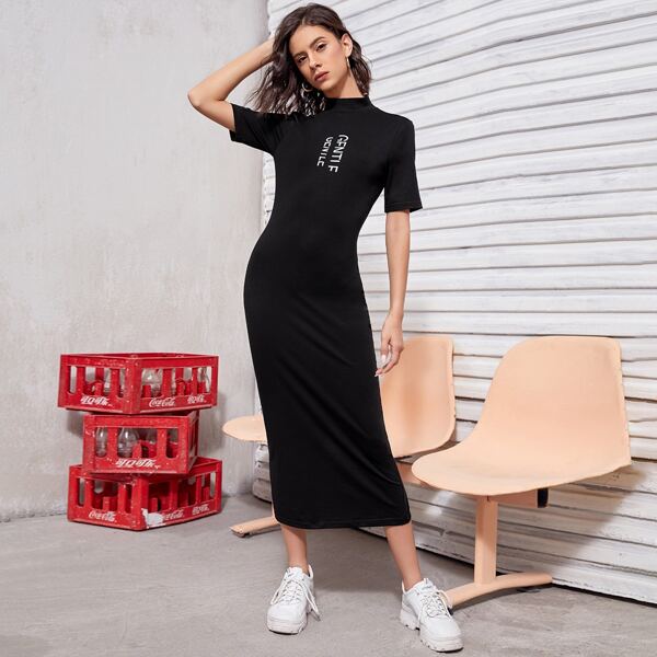 

Mock-neck Slogan Graphic Dress, Black