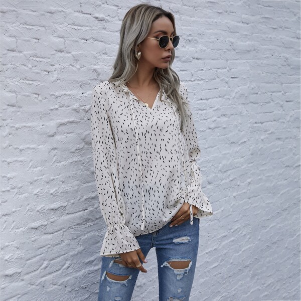 

Tie Neck Flounce Sleeve Allover Print Blouse, White