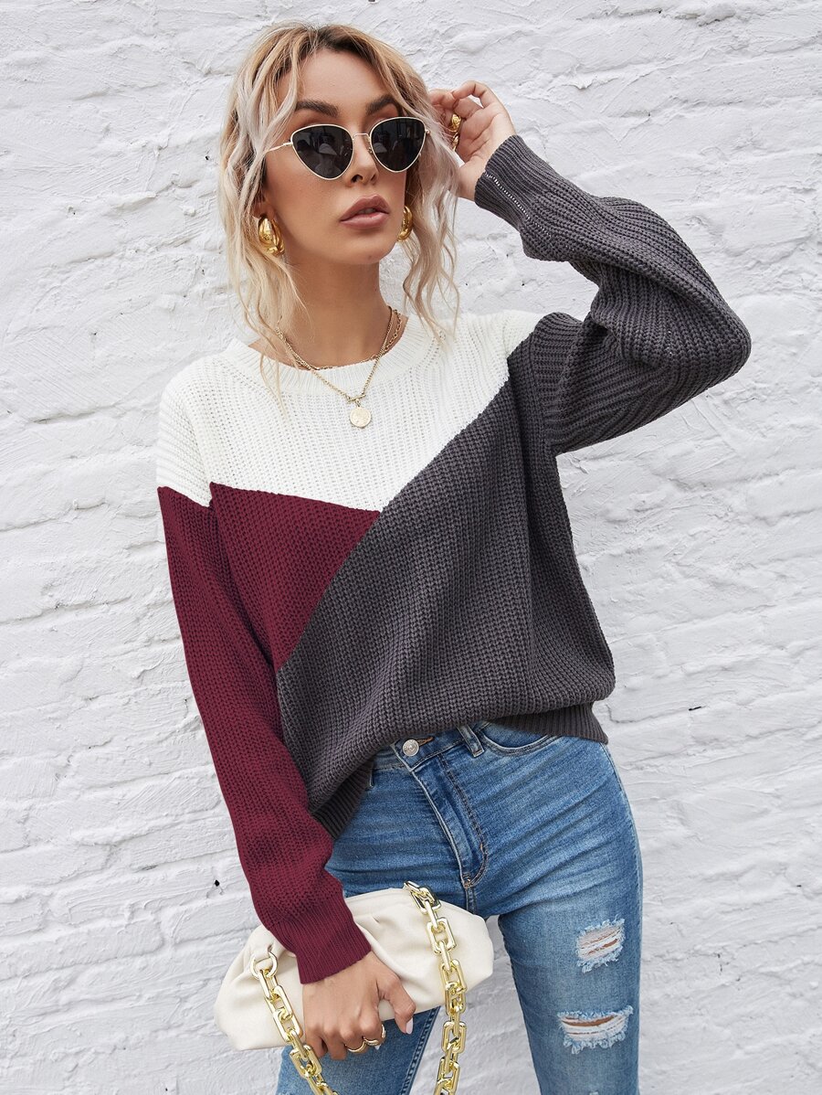 SHEIN LUNE Colour Block Drop Shoulder Jumper - Multicolor - View 1