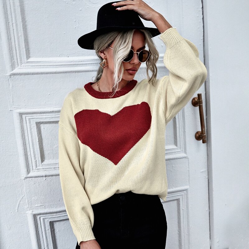 

Drop Shoulder Contrast Neck Heart Pattern Sweater, Beige
