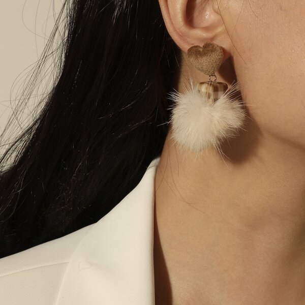 

Heart Decor Fluffy Pom Pom Drop Earrings, Brown
