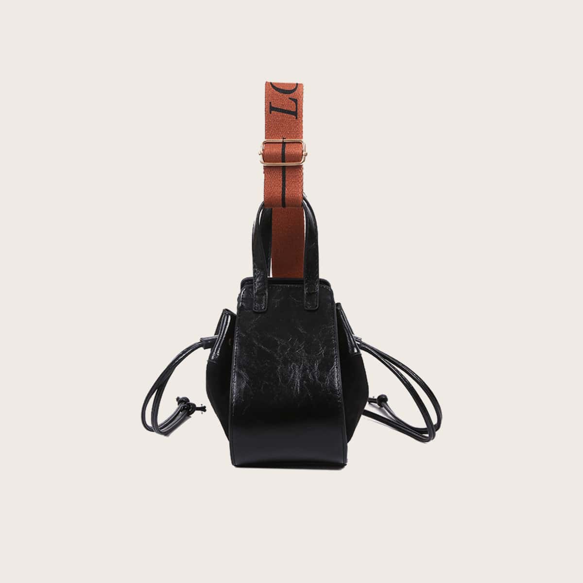 

Drawstring Side Letter Strap Satchel Bag, Black