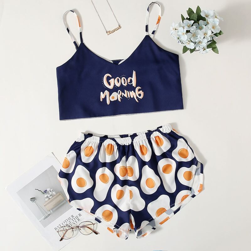 

Fried Eggs And Slogan Graphic Cami PJ Set, Multicolor