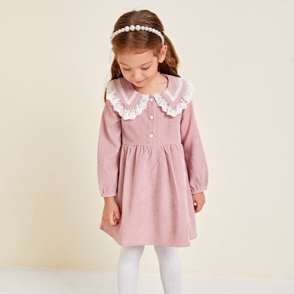 

Toddler Girls Corduroy Contrast Lace Peter Pan Collar Smock Dress, Baby pink