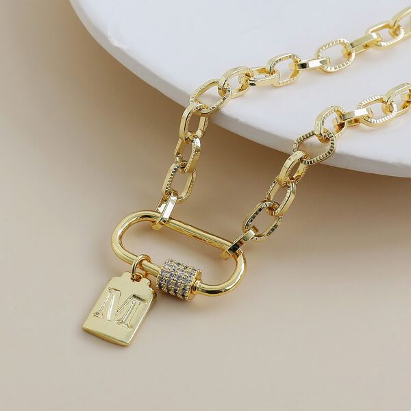 

Letter Engraved Geo Charm Necklace, Gold