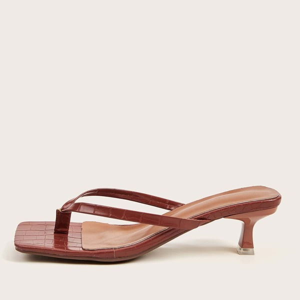

Toe Post Croc Embossed Kitten Heeled Mules, Brown