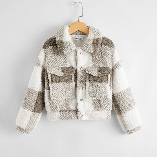 

Girls Flap Pocket Front Buffalo Plaid Teddy Jacket, Multicolor