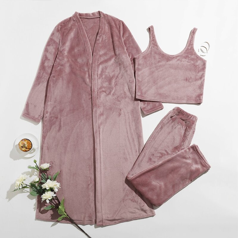 

Flannel Solid Tank Top & Pants & Robe Lounge Set, Dusty pink
