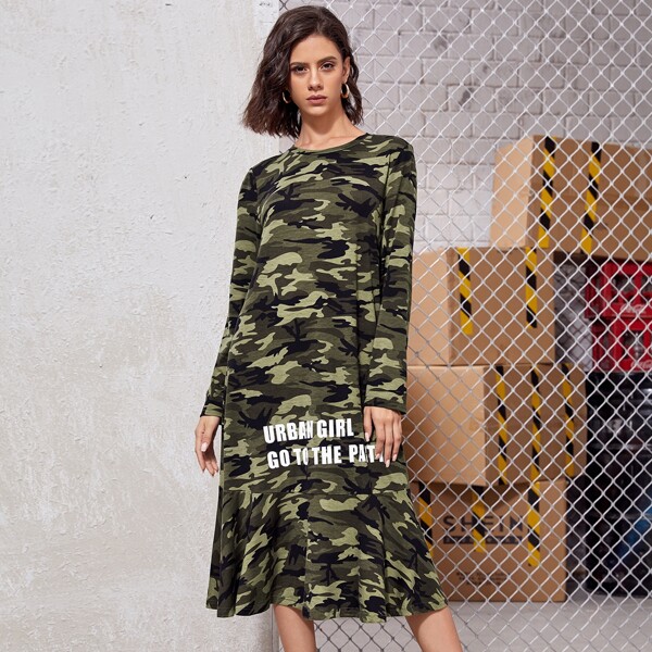 

Slogan Graphic Camo Dress, Multicolor