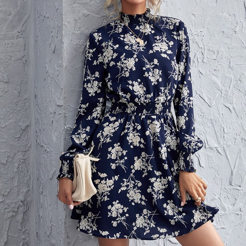 

Shirred Panel Floral Dress, Navy blue