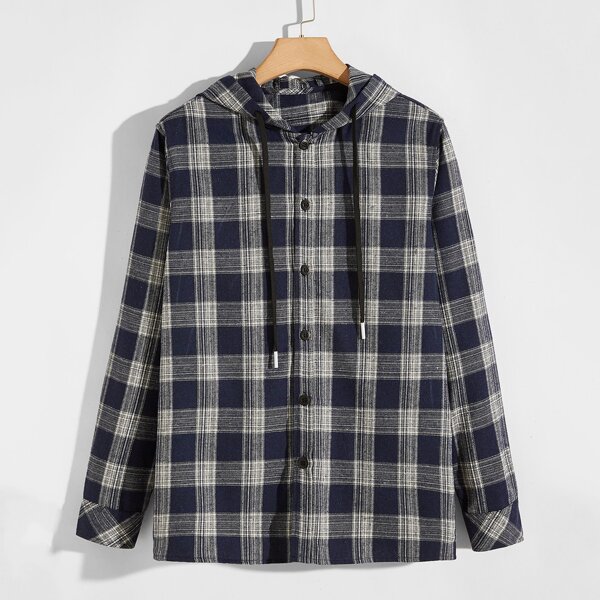 

Men Tartan Plaid Drawstring Hooded Shirt, Blue