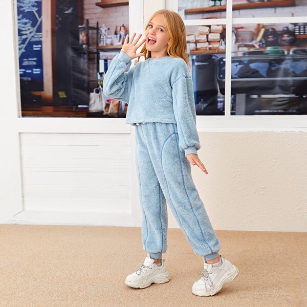 

Girls Binding Trim Drop Shoulder Teddy Pullover and Joggers Set, Pastel baby blue