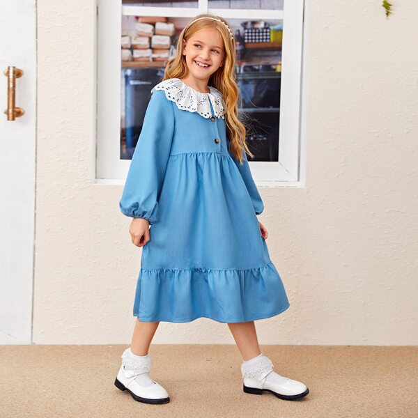 

Girls Statement Collar Lantern Sleeve Flounce Hem Dress, Blue