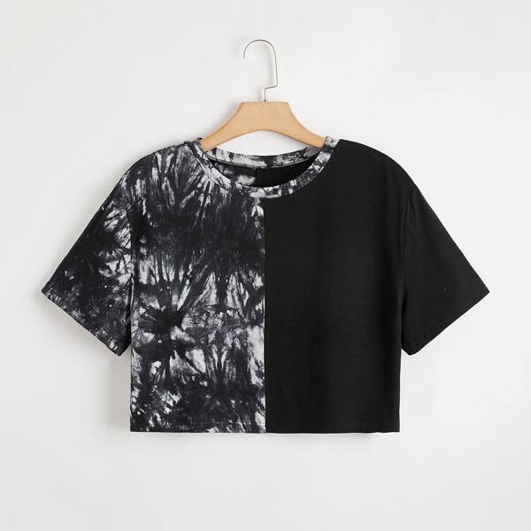 

Plus Tie Dye Spliced Crop Tee, Black