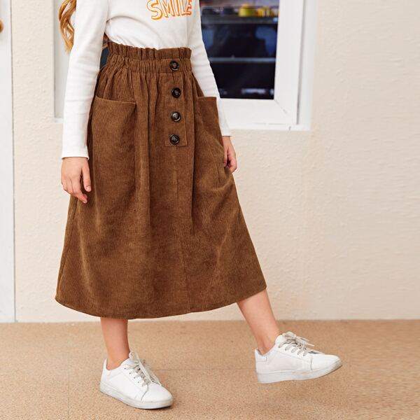 

Girls Buttoned Front Slant Pocket Cord Skirt, Brown