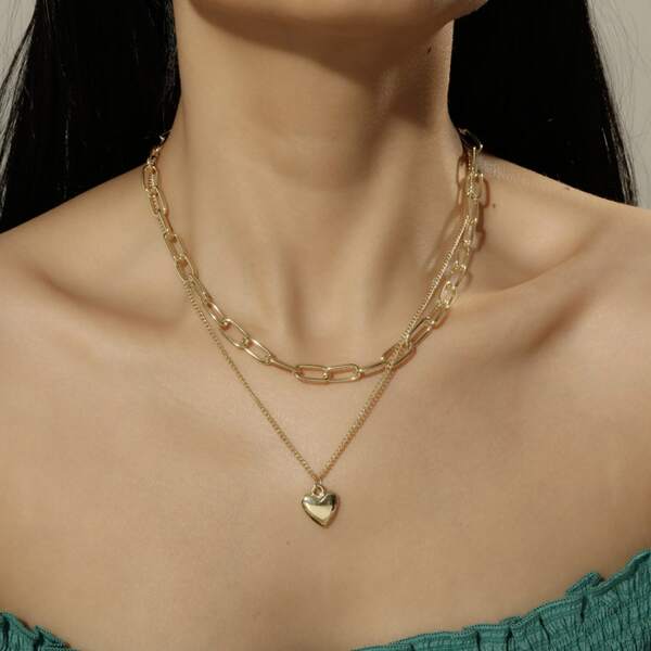 

Heart Charm Layered Necklace, Gold
