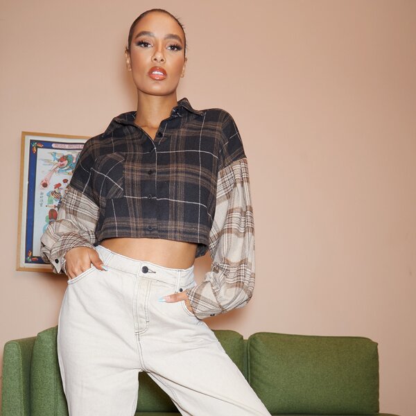

Single Breasted Drop Shoulder Tartan Crop Jacket, Multicolor