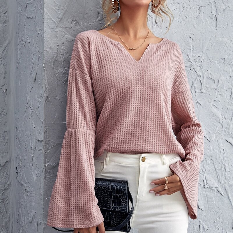 

Notch Neck Bell Sleeve Waffle Knit Tee, Dusty pink