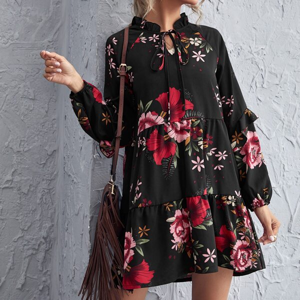 

Tie Neck Ruffle Detail Floral Dress, Black