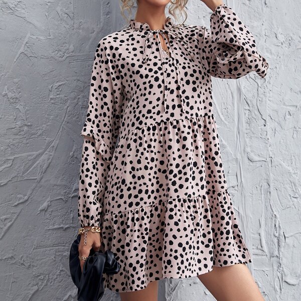 

Tie Neck Ruffle Detail Dalmatian Print Smock Dress, Multicolor