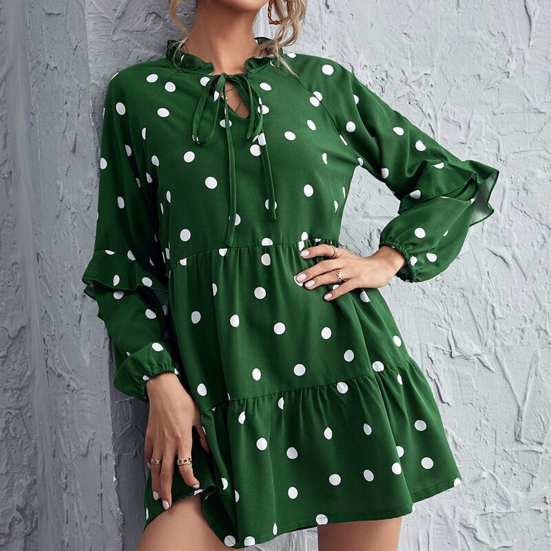 

Tie Neck Ruffle Detail Polka Dot Dress, Green