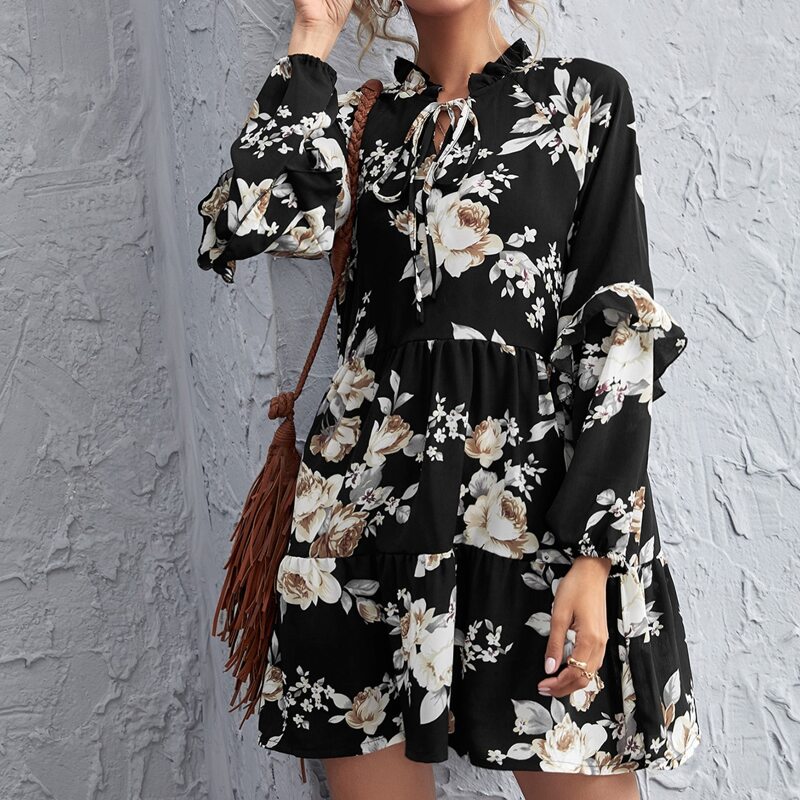 

Tie Neck Ruffle Detail Floral Dress, Multicolor