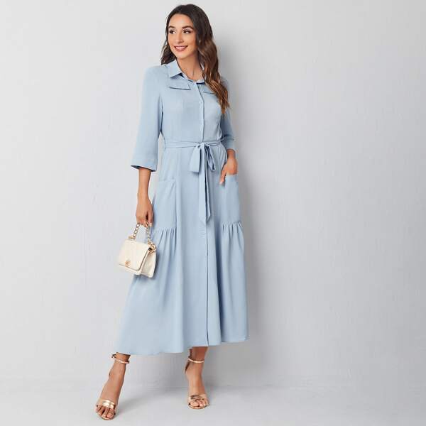 

Single Breasted Patch Pocket Belted Shirt Dress, Pastel baby blue