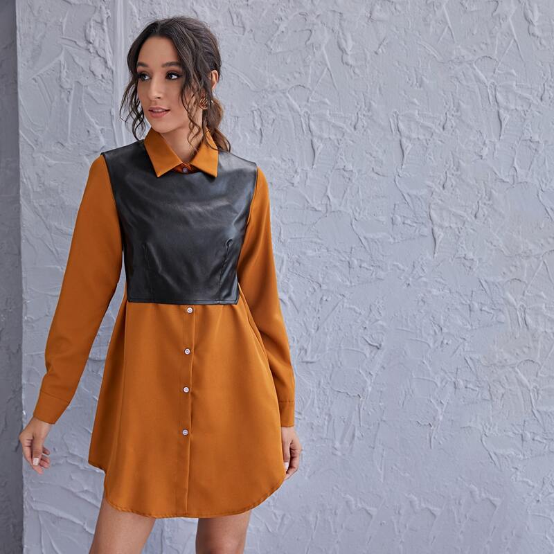 

Button Front Curved Hem Dress With PU Leather Tank Top, Orange
