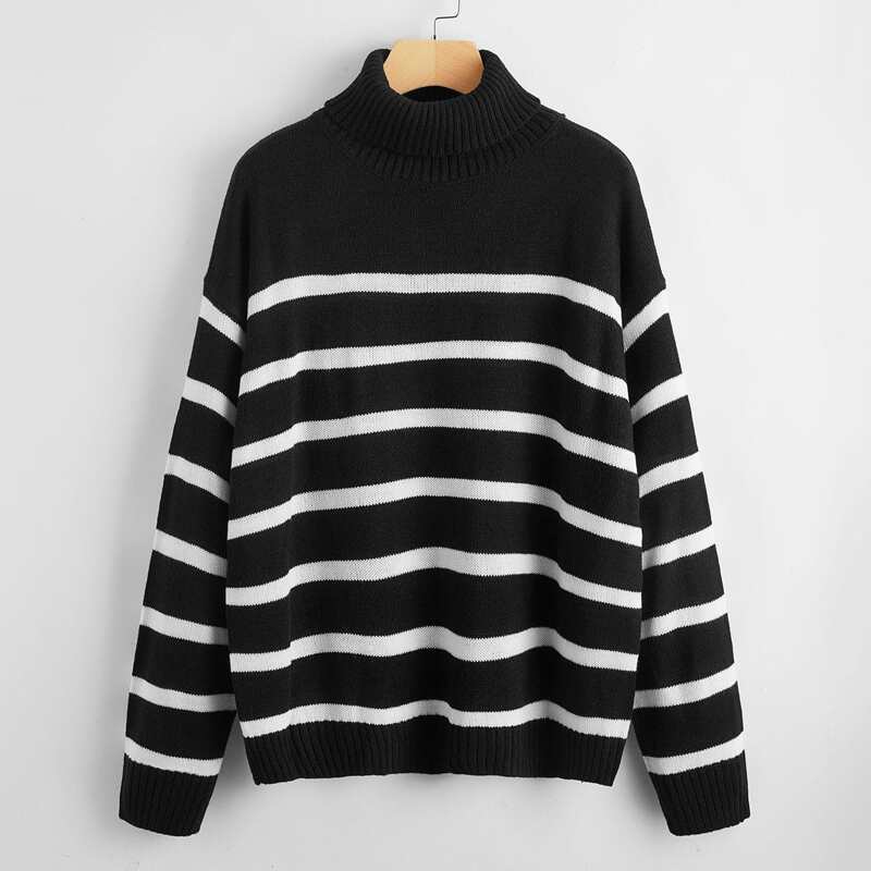 

Striped Turtleneck Drop Shoulder Sweater, Black