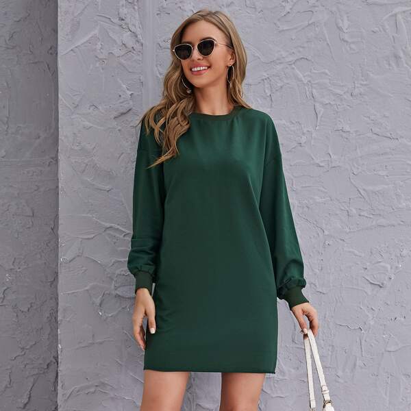 

Drop Shoulder Solid Sweatshirt Dress, Dark green