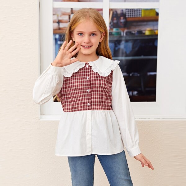

Girls Eyelet Embroidered Statement Collar Plaid Blouse, Red and white