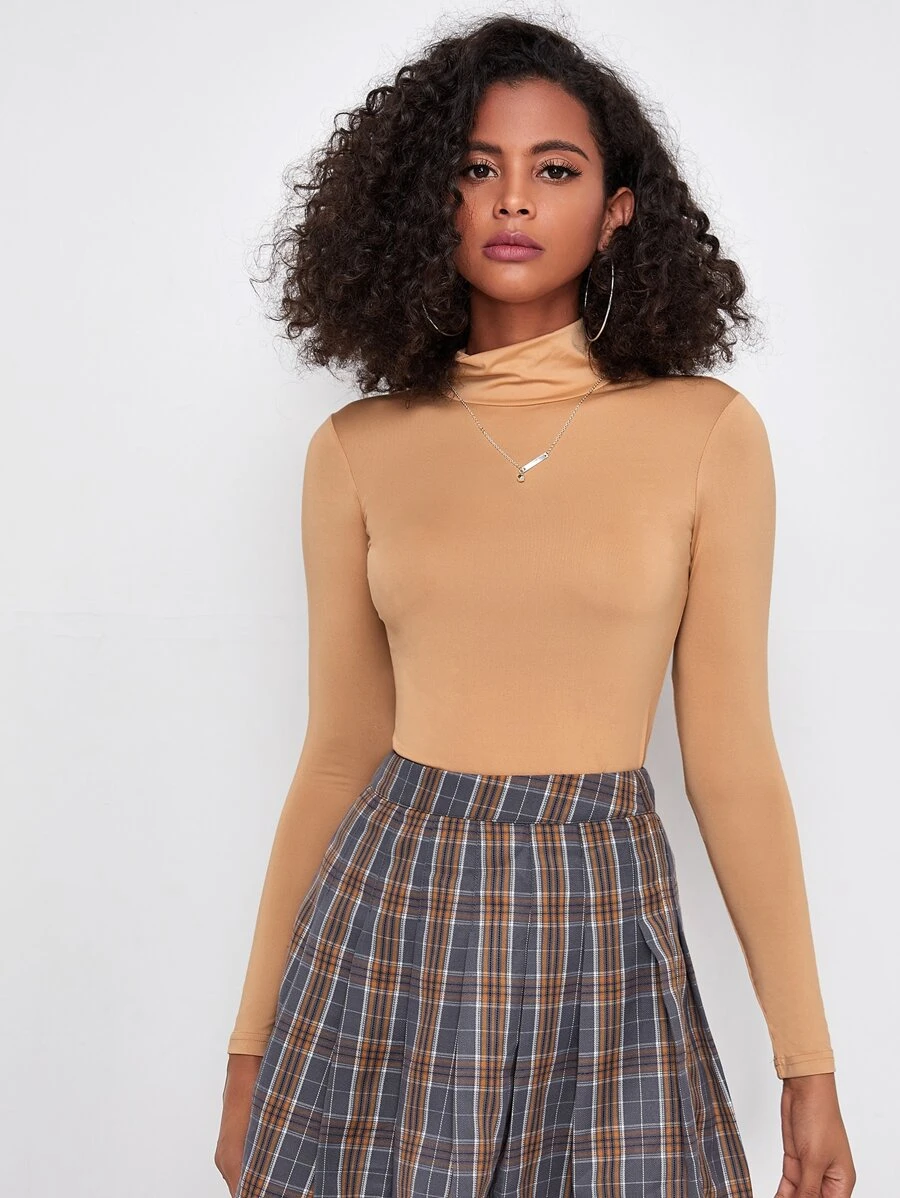 SHEIN Essnce Camiseta sólida de cuello alto - Albaricoque - Ver 1