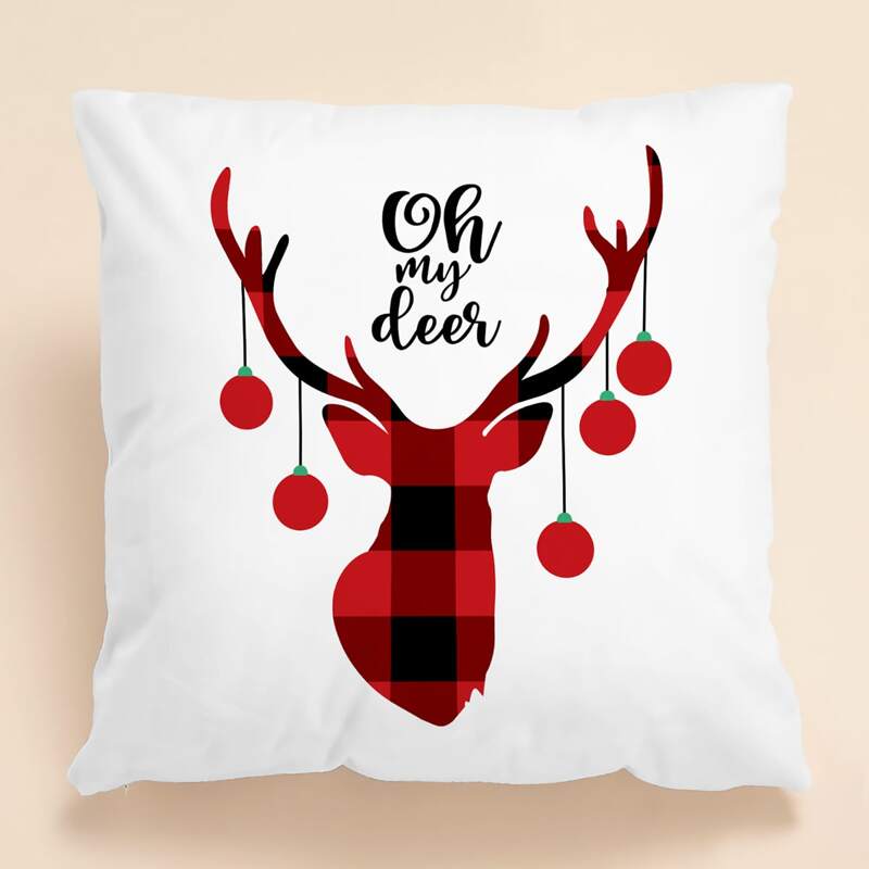 

Christmas Deer Print Cushion Cover Without Filler, White