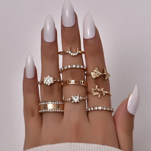 

9pcs Rhinestone Decor Ring, Gold