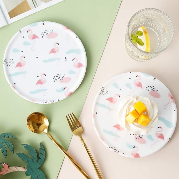 

1pc Flamingo Print Round Plate, White
