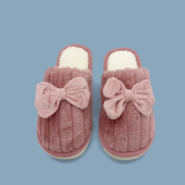 

Bow Decor Textured Fluffy Slippers, Dusty pink
