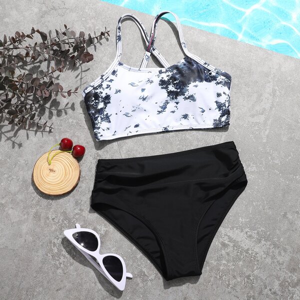 

Girls Tie Dye Ruched High Waisted Bikini Swimsuit, Black and white
