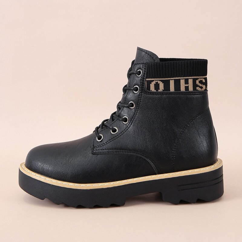 

Letter Graphic Lace-up Front Combat Boots, Black