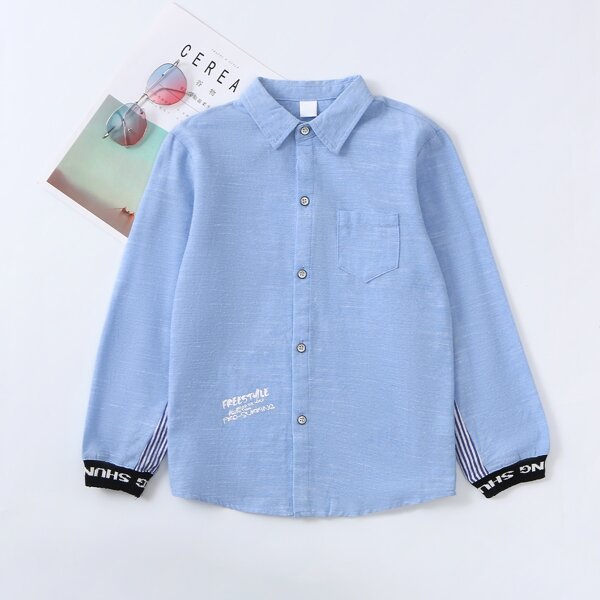 

Boys Letter Graphic Contrast Cuff Shirt, Blue
