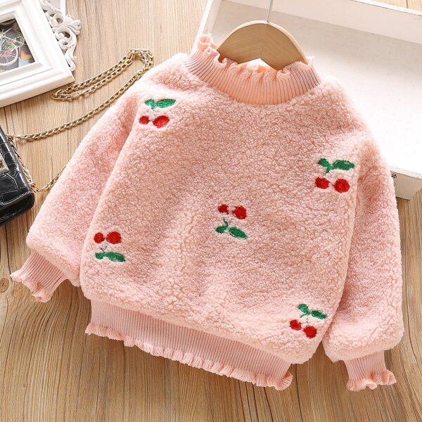 

Toddler Girls Cherry Embroidery Teddy Sweatshirt, Baby pink