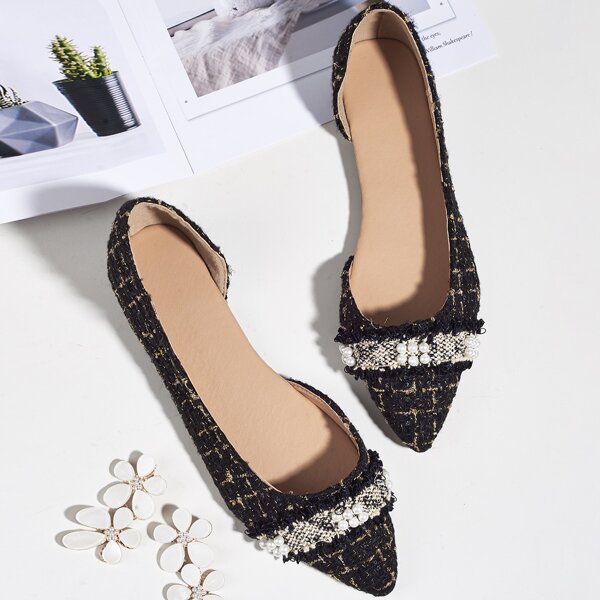 

Faux Pearl Decor Tweed Flats, Black