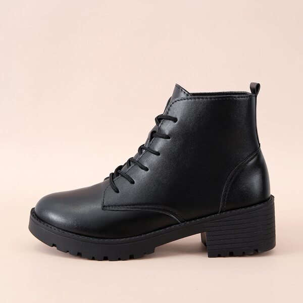 

Minimalist Lace-up Front Chunky Heeled Boots, Black