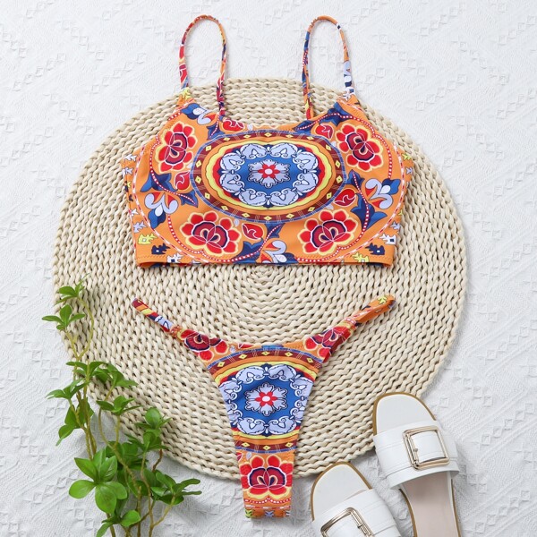 

Floral Thong Bikini Swimsuit, Multicolor