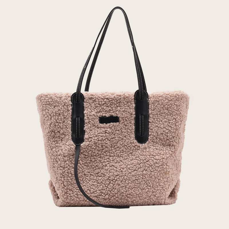 

Letter Patch Fluffy Tote Bag, Khaki