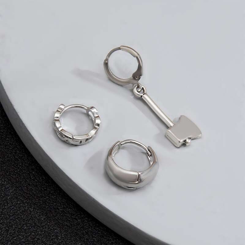 

Guys 3pcs Ax Drop Earrings & Ear Cuff, Silver